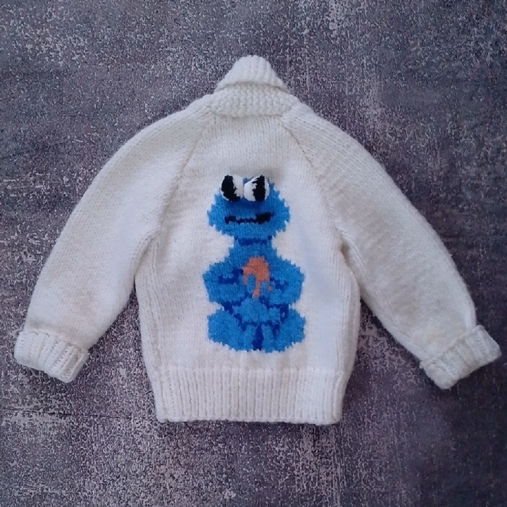 Vintage 70s Cookie Monster Cowichan Wool Jacket Googlie Eyes Handmade